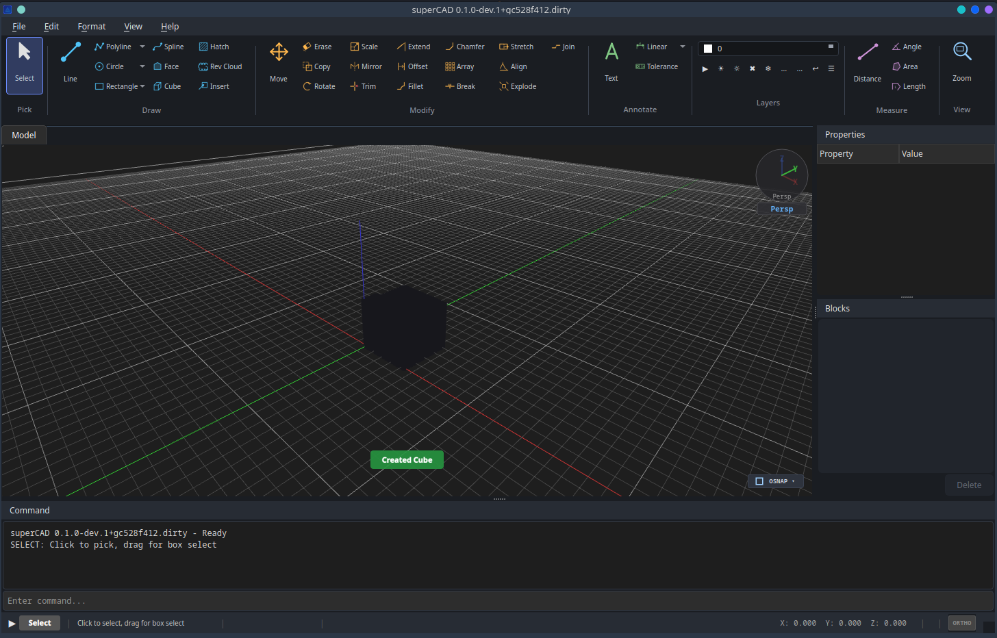 superCAD application window with the ribbon, a 3D viewport and the command line